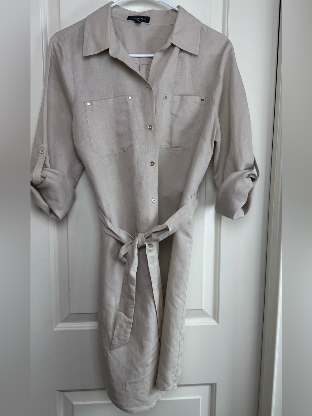 The Limited Linen Rayon Belted Shirt Dress Taupe Roll Tab Sleeve Size 8